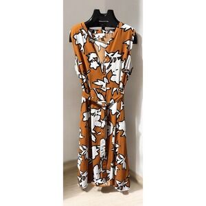 Liz Claiborne Trendy Brown White Floral Stretch Tie Waist With Pockets Dress XXL